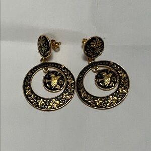 Damascene Gold and Black Floral Earrings